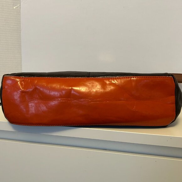- La Diva Patent  Leather Orange Brown Color Block Handbag, The East/West … - Picture 5 of 17